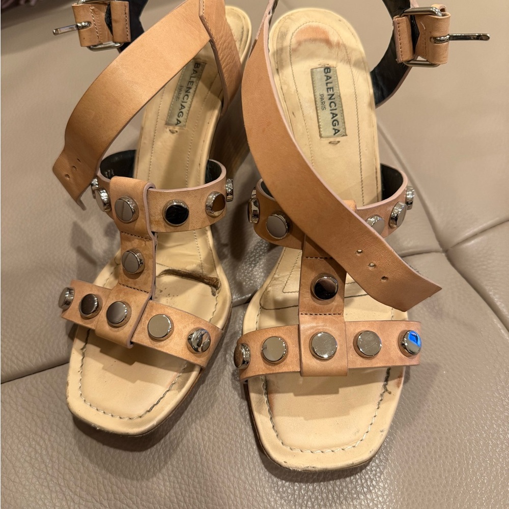 Balenciaga Tan Sandals with Studded Straps and Clear Panels